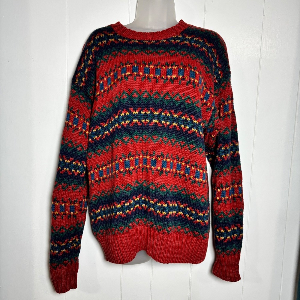 Vintage 90s Cosby Cotton Fair Isle Sweater Red Geometric Pattern Crewneck Size L